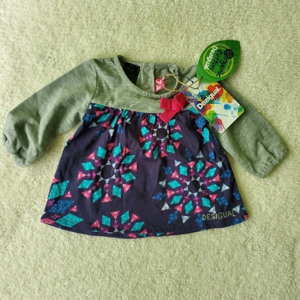Desigual Infant Girl Cotton Long Sleeve Shirt 6-9 months Grey Blue Snowflakes